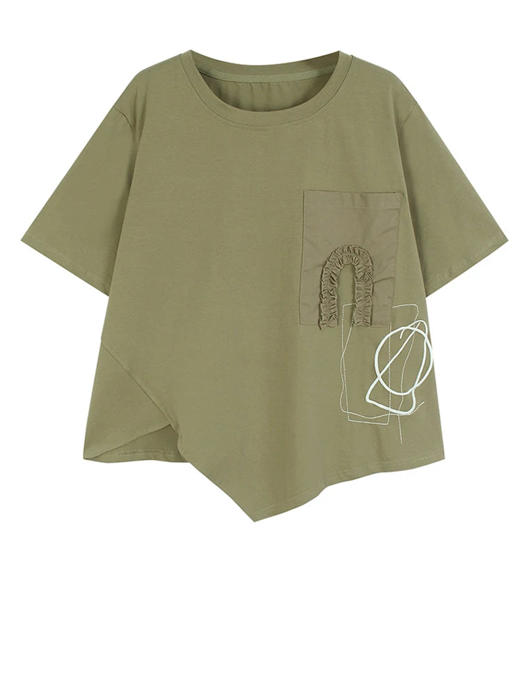 Women Khaki Irregular Embroidery Big Size Casual T-shirt New Round Neck Short Sleeve Fashion Spring Summer 2025 1DJ0588