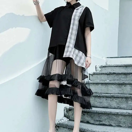 Load image into Gallery viewer, Women Black Plaid Mesh Spliced Big Size Midi Shirt Dress New Lapel Short Sleeve Fashion Tide Spring Summer 2025 1DJ0635

