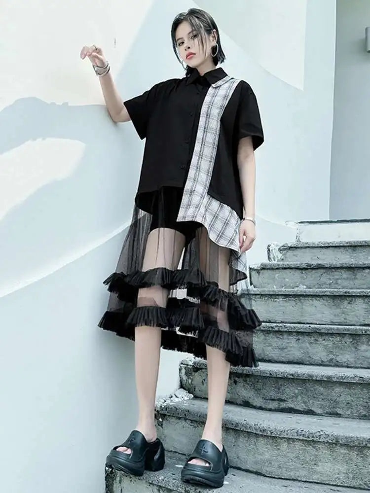 Women Black Plaid Mesh Spliced Big Size Midi Shirt Dress New Lapel Short Sleeve Fashion Tide Spring Summer 2025 1DJ0635