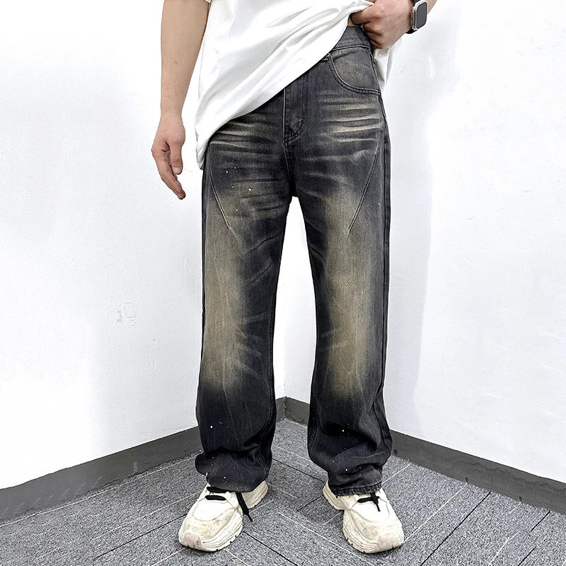 American Style Men's Jeans Splashed Ink Design Straight Leg Trendy Street Fashion Loose Male Denim Pants 9W1863