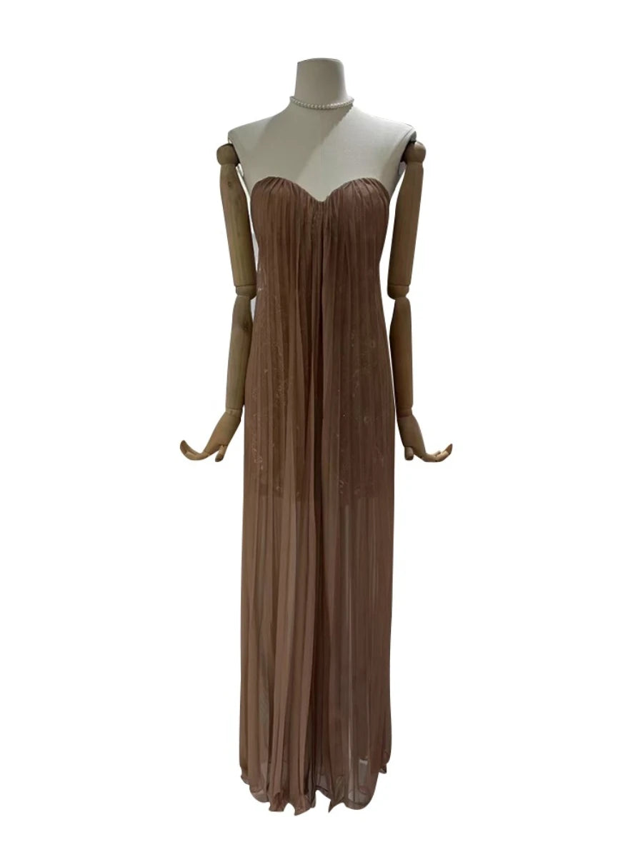 Slimming Spliced Sequins Sexy Dresses for Women Strapless Sleeveless Sheer Patchwork Folds Elegant Dress Female New