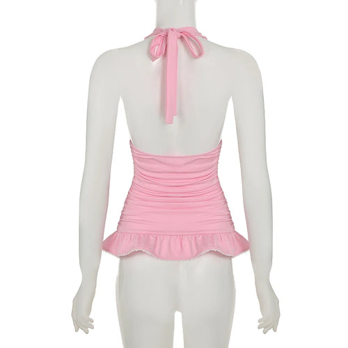 Load image into Gallery viewer, Pink Sweety Slimming Backless Halter Camis Women Summer Holiday With Bow Folds Tops Y2K Aesthetics Sexy Clothes Chic

