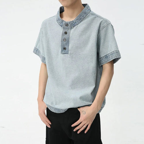 Load image into Gallery viewer, Men&#39;s Denim Short Sleeve T-shirt Summer Retro Fashion Loose Casual Male Top Trend Half Open Neck Pullover 9C5579
