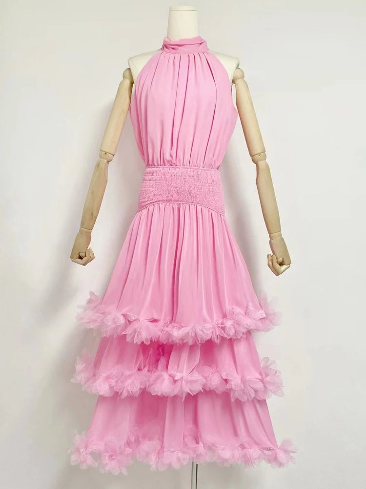 Solid Spliced Edible Tree Fungus Casual Dresses For Women Stand Collar Sleeveless High Waist Elegant Slimming Dress Female