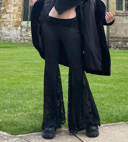 Fashion Lace Patchwork Gothic Dark Long Trousers Women's Chic Slimming Low Waist Flared Pants All Match Bottoms New