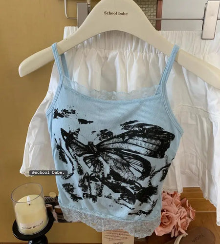 Women Summer Butterfly Print Patchwork Lace Elegant Backless Vacation Knit Slip Short Tops Vintage Sleeveless Sexy Club Vest New