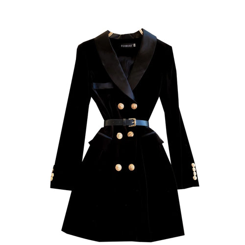 Load image into Gallery viewer, Women Black Velvet Work Style Blazer Short Dresses Autumn Winter Double Breasted Slim Long Sleeve Mini Dress Ladies Street Trend
