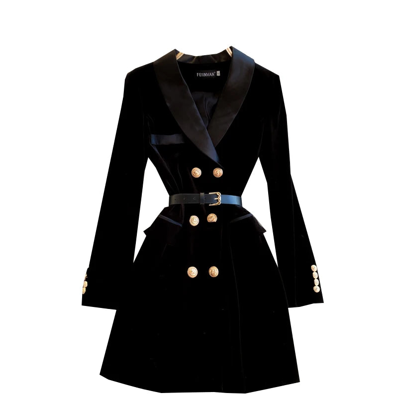 Women Black Velvet Work Style Blazer Short Dresses Autumn Winter Double Breasted Slim Long Sleeve Mini Dress Ladies Street Trend