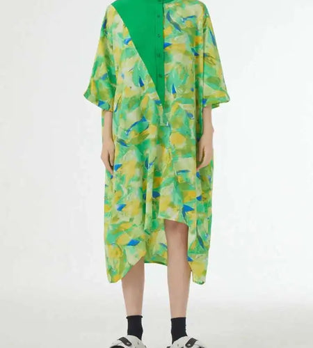 Women Blue Printed Big Size Midi Floral Dress New Stand Collar Short Sleeve Loose Fit Fashion Spring Summer 2025 1DF9379