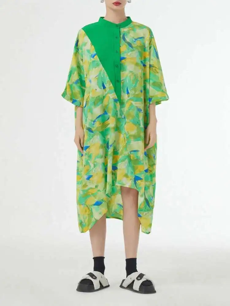 Women Blue Printed Big Size Midi Floral Dress New Stand Collar Short Sleeve Loose Fit Fashion Spring Summer 2025 1DF9379