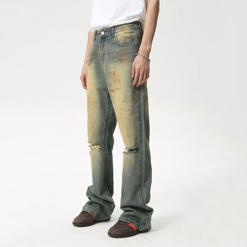 Load image into Gallery viewer, Fashion Loose Men&#39;s Straight Pants American Style Casual Hole Worn Design Make Old Wide Leg Jeans Summer 9C6091
