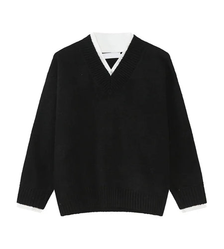 Simple Autumn Men's Kintting Top Casaul V-neck Fake Two-piece Sweaters Contrast Color Loose Male Pullover Knits Tide 9C8732