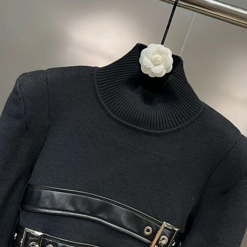 Load image into Gallery viewer, Solid Patchwork Belt Knitting Sweaters For Women Stand Collar Long Sleeve Temperament Slim Pullover Sweater Female
