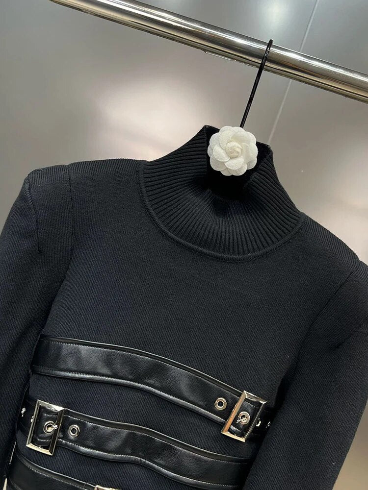 Solid Patchwork Belt Knitting Sweaters For Women Stand Collar Long Sleeve Temperament Slim Pullover Sweater Female