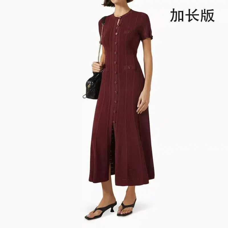 Korean Women's Red Round Neck Short Sleeve Split Knit Dresses Spring Summer Black White Single Breasted Holiday Long Dress 2024