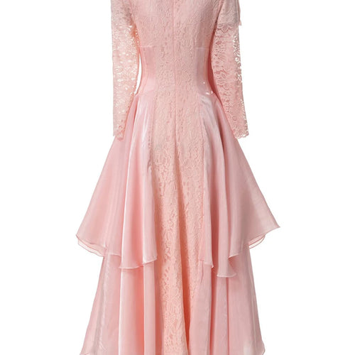 Load image into Gallery viewer, Solid Spliced Lace Up Long Dresses For Women O Neck Long Sleeve High Waist Temperament Dress Female Fashion Style
