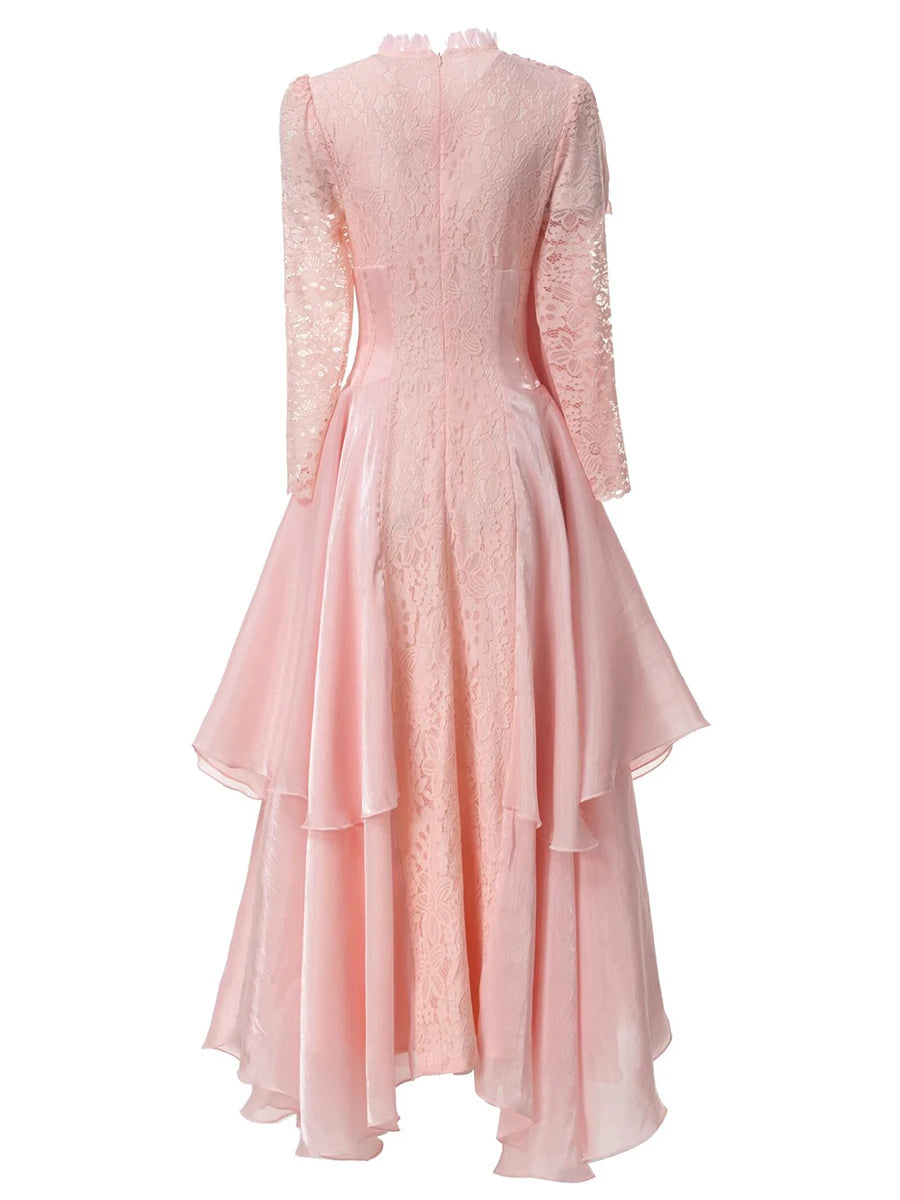 Solid Spliced Lace Up Long Dresses For Women O Neck Long Sleeve High Waist Temperament Dress Female Fashion Style