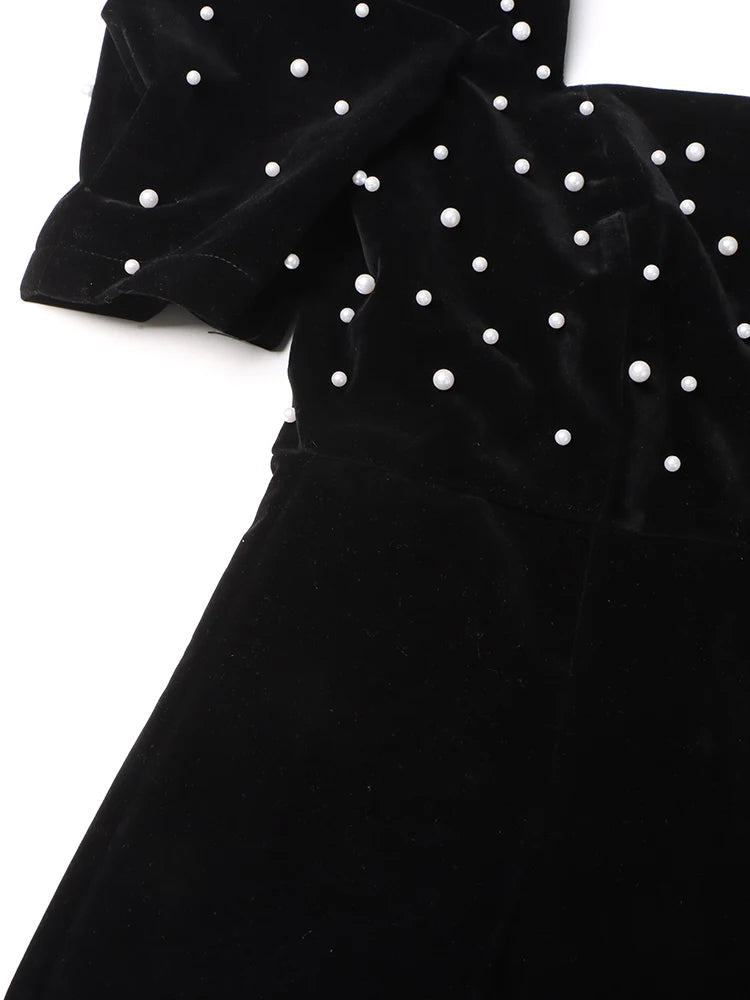 Patchwork Pearls Elegant Slimming Dresses For Women Square Collar Puff Sleeve High Waist Hit Color Temperament Dress Female