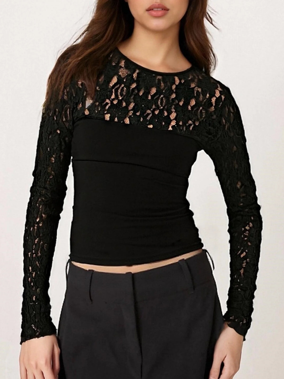 y2k Tops Women Sheer Lace Patchwork Round Neck Long Sleeve T Shirts Streetwear
