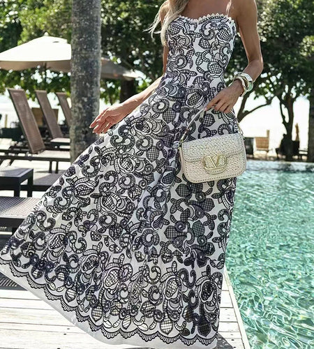 Hit Color Slimming Long Dresses For Women Square Neck Sleeveless High Waist Temperament Long Dress Female Fashion