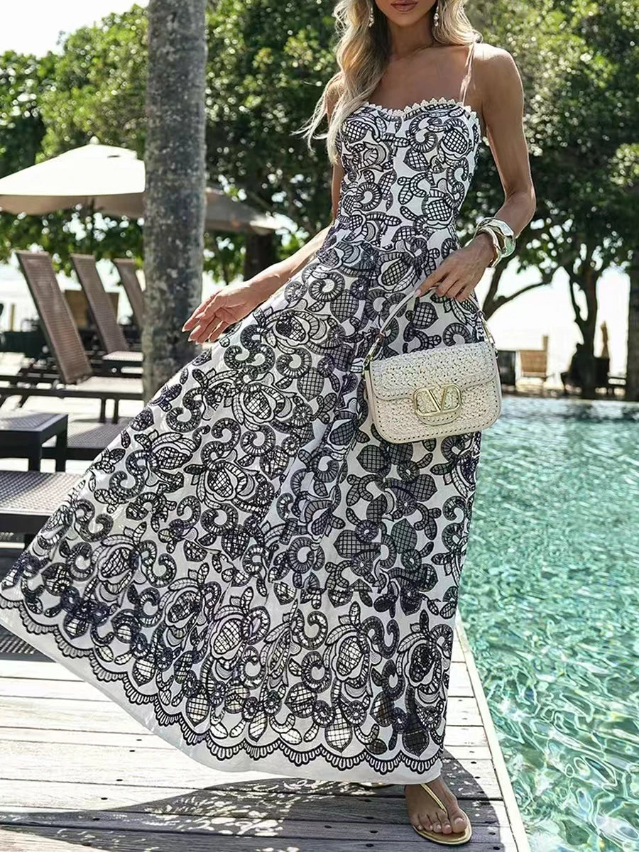 Hit Color Slimming Long Dresses For Women Square Neck Sleeveless High Waist Temperament Long Dress Female Fashion