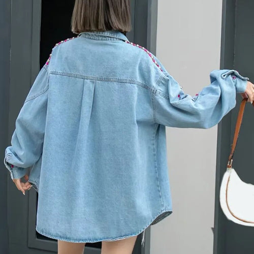 Load image into Gallery viewer, Colorblock Patchwork Diamond Casual Denim Blouses For Women Lapel Long Sleeve Spliced Single Breasted Blouse Female
