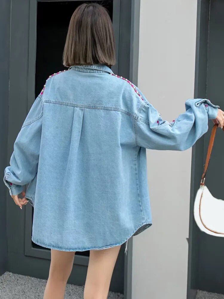 Colorblock Patchwork Diamond Casual Denim Blouses For Women Lapel Long Sleeve Spliced Single Breasted Blouse Female