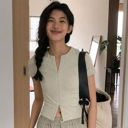 Load image into Gallery viewer, 2025 Harajuku Zipper Designer Solid Shirt Y2k Aesthetic Bodycon Simple Fairy Tshirt Women Slim Fit Streetwear T Shirt Summer
