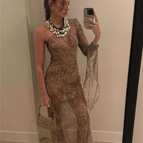 Load image into Gallery viewer, One Shoulder Leopard Print Maxi Dress Women Inclined Shoulder Backless Beach Holiday Vacation Club Sexy Long Dress
