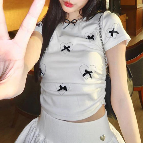 Load image into Gallery viewer, Hotsweet Bow White Bodycon Tee Shirts Women Heart Coquette Cutecore Folds Summer Crop Top Girls Korean Clothing Short
