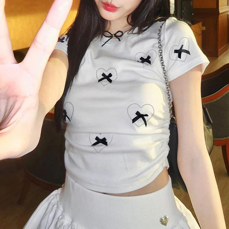 Hotsweet Bow White Bodycon Tee Shirts Women Heart Coquette Cutecore Folds Summer Crop Top Girls Korean Clothing Short