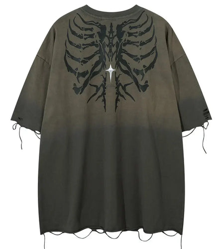 Vintage Oversized T-Shirt Y2K Grunge Skull Graphic Printed Ripped Hole Gradient Tshirt Hip Hop Punk Gothic Casual Streetwear Top