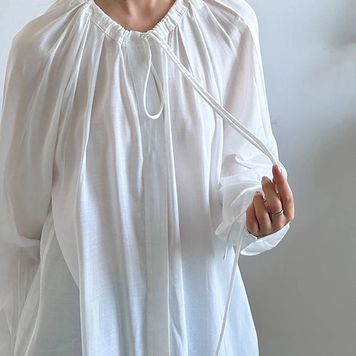 Load image into Gallery viewer, Women White Drawstring Thin Big Size Blouse New Round Neck Long Sleeve Shirt Fashion Tide Spring Autumn 2025 1DJ1398
