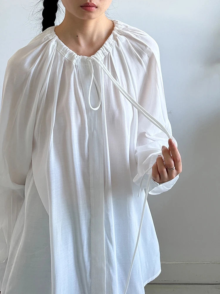 Women White Drawstring Thin Big Size Blouse New Round Neck Long Sleeve Shirt Fashion Tide Spring Autumn 2025 1DJ1398