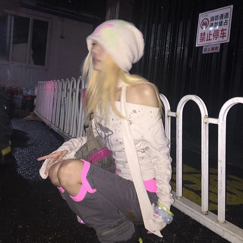 Load image into Gallery viewer, Japanese Y2k Off Shoulder Tops With Scarf Trashy 2000s Style Graffiti Print T-shirt Vintage Harajuku Flare Sleeve Tops
