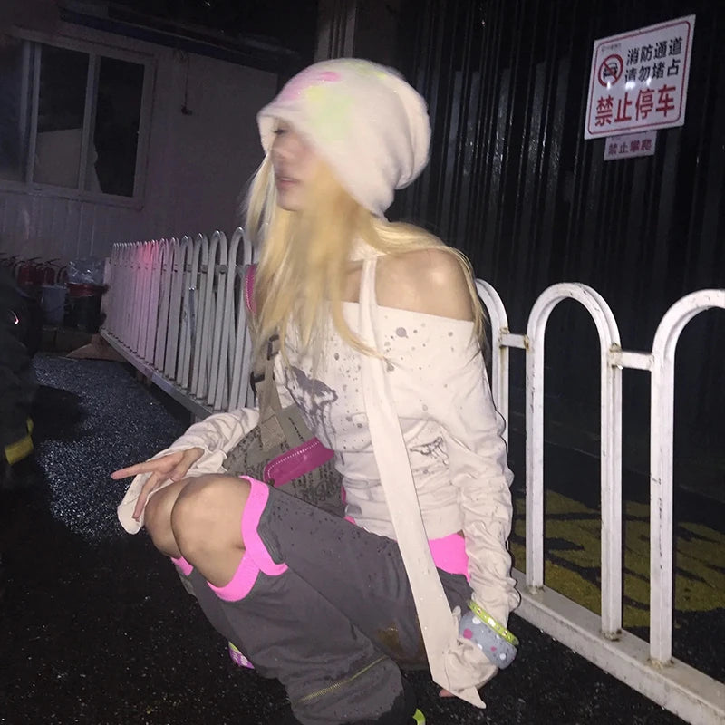 Japanese Y2k Off Shoulder Tops With Scarf Trashy 2000s Style Graffiti Print T-shirt Vintage Harajuku Flare Sleeve Tops