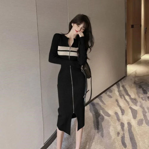 Load image into Gallery viewer, Offcie Ladies Bodycon Knit Dress Women Y2k Casual Korean Fashion Kpop Wrap Slim Zip Dresses Sheath Spring Autumn
