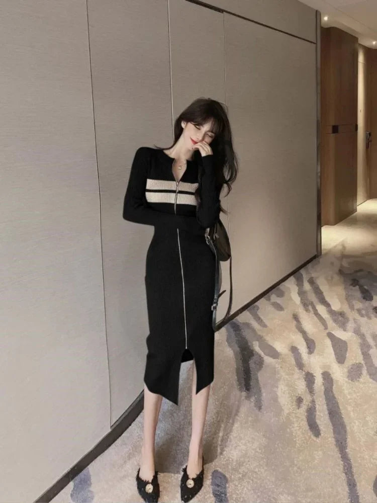 Offcie Ladies Bodycon Knit Dress Women Y2k Casual Korean Fashion Kpop Wrap Slim Zip Dresses Sheath Spring Autumn