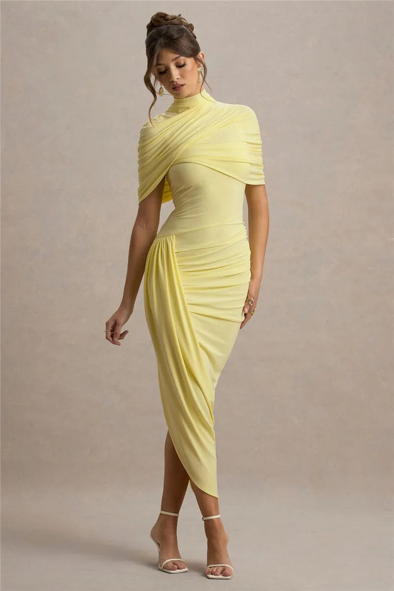 Half Sleeve Backless Ruched Sexy Maxi Dress Women Summer New Turtleneck Slim High Waist Evening Club Party Long Dress