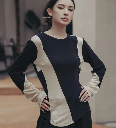 Women Black Apricot Color-block Big Size Casual T-shirt New Round Neck Long Sleeve Fashion Tide Spring Autumn 2025 1DF5723