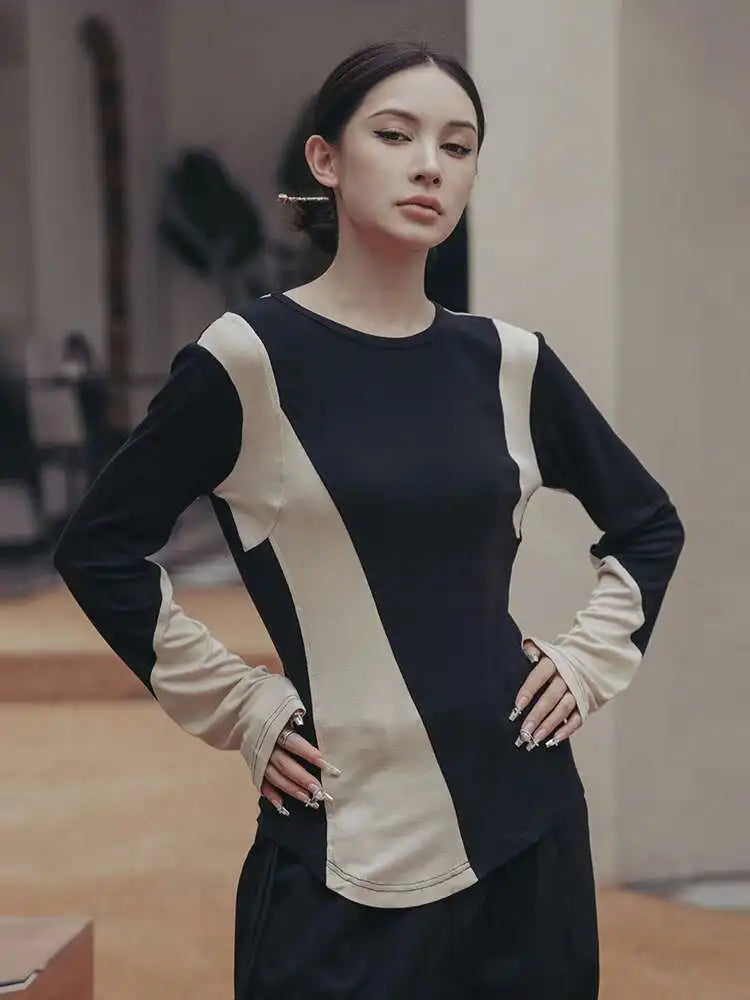 Women Black Apricot Color-block Big Size Casual T-shirt New Round Neck Long Sleeve Fashion Tide Spring Autumn 2025 1DF5723