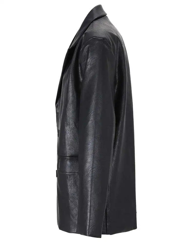 Women Black Pu Leather Big Size Blazer New Lapel Long Sleeve Loose Fit Jacket Fashion Tide Spring Autumn 2025 CPG0476
