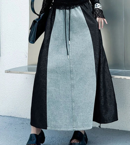 High Elastic Waist Black Denim Lace Color-block A-line Half-body Skirt Women Fashion Tide New Spring Autumn 2025 1DJ0847