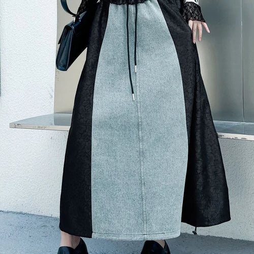 Load image into Gallery viewer, High Elastic Waist Black Denim Lace Color-block A-line Half-body Skirt Women Fashion Tide New Spring Autumn 2025 1DJ0847
