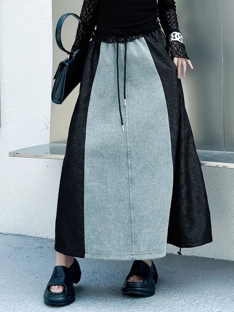 High Elastic Waist Black Denim Lace Color-block A-line Half-body Skirt Women Fashion Tide New Spring Autumn 2025 1DJ0847