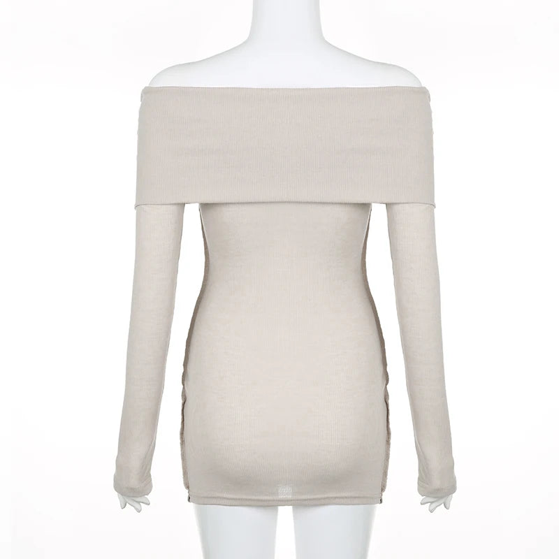 Casual Slash Neck Stitch Female T-shirt Off Shoulder Top Slim Folds Basic Korean Tee Long Sleeve Pullovers Japanese