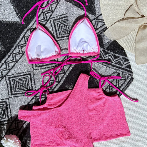 Load image into Gallery viewer, Halter Bikini Solid Female Swimsuit Women Swimwear Three-pieces Bikini Set With Skirt Bandage Bathing Suit
