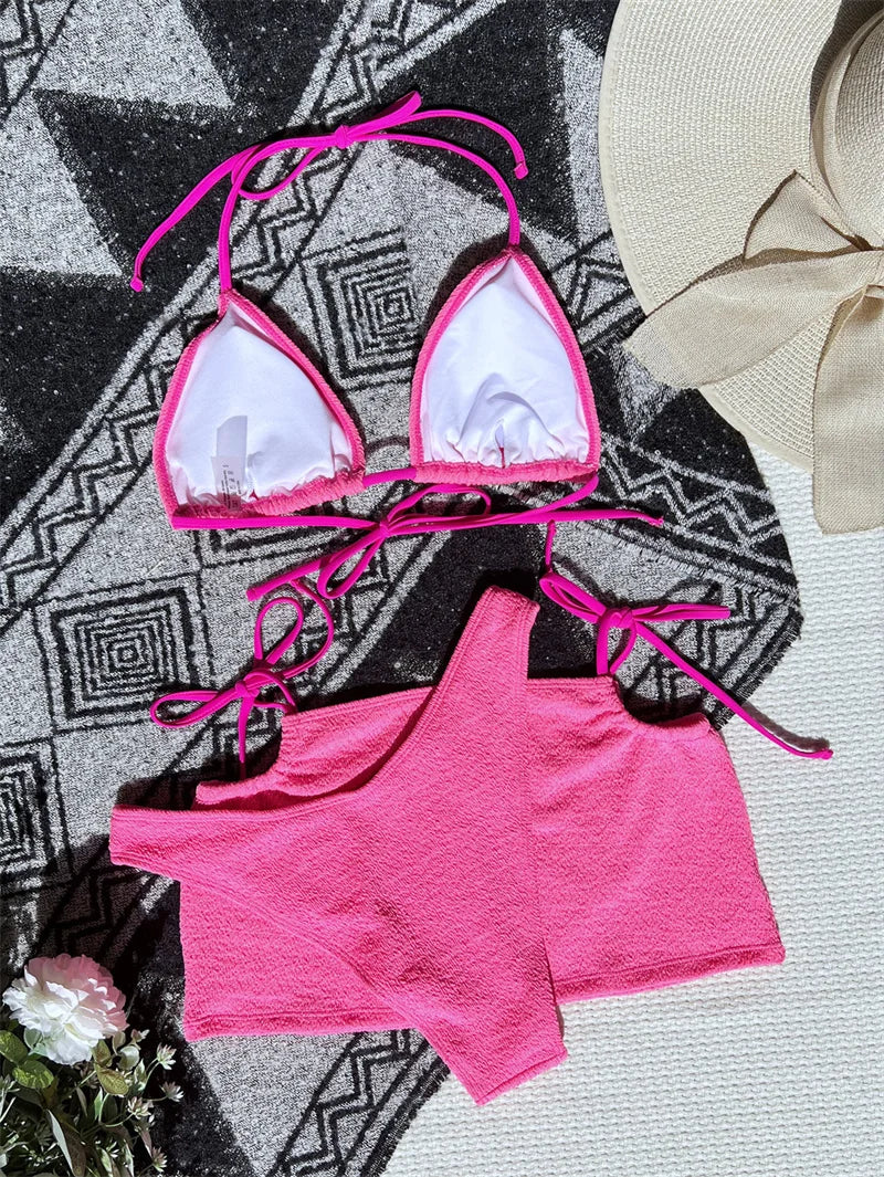 Halter Bikini Solid Female Swimsuit Women Swimwear Three-pieces Bikini Set With Skirt Bandage Bathing Suit