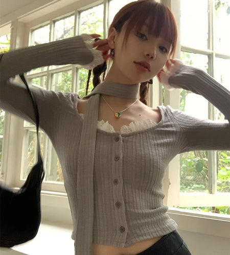 Lace Patchwork Women Gentle Crop Cardigans Y2k Aesthetic Sweet Single Breasted Sweaters Streetwear Casual Slim Grunge Knitwear