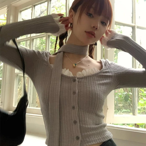 Load image into Gallery viewer, Lace Patchwork Women Gentle Crop Cardigans Y2k Aesthetic Sweet Single Breasted Sweaters Streetwear Casual Slim Grunge Knitwear
